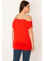 Şans Women's Plus Size Red Off-the-shoulder blouse with sequined lace detail around the neck and the hem.