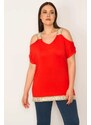 Şans Women's Plus Size Red Off-the-shoulder blouse with sequined lace detail around the neck and the hem.