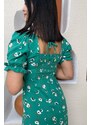 Madmext Green Floral Pattern Balloon Sleeve Midi Dress