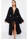 Trendyol Black Belted Maxi Woven Ruffled 100% Cotton Kimono&Kaftan