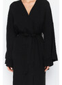 Trendyol Black Belted Maxi Woven Ruffled 100% Cotton Kimono&Kaftan