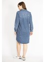 Şans Women's Navy Blue Plus Size Front Buttoned Sleeve Length Adjustable Side Pockets Denim Dress