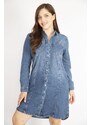 Şans Women's Navy Blue Plus Size Front Buttoned Sleeve Length Adjustable Side Pockets Denim Dress