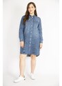 Şans Women's Navy Blue Plus Size Front Buttoned Sleeve Length Adjustable Side Pockets Denim Dress