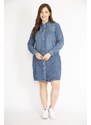 Şans Women's Navy Blue Plus Size Front Buttoned Sleeve Length Adjustable Side Pockets Denim Dress