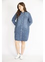 Şans Women's Navy Blue Plus Size Front Buttoned Sleeve Length Adjustable Side Pockets Denim Dress