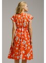 armonika Women's Orange Patterned V-Neck Button Front Midi Length Dress