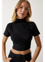 Happiness İstanbul Women's Black Gathered High Neck Knitted Blouse