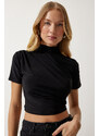 Happiness İstanbul Women's Black Gathered High Neck Knitted Blouse