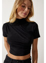 Happiness İstanbul Women's Black Gathered High Neck Knitted Blouse