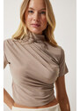 Happiness İstanbul Women's Beige Gathered High Neck Knitted Blouse