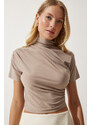 Happiness İstanbul Women's Beige Gathered High Neck Knitted Blouse