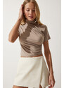 Happiness İstanbul Women's Beige Gathered High Neck Knitted Blouse