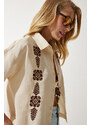 Happiness İstanbul Women's Cream Embroidered Short Linen Shirt RG0009