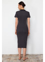 Trendyol Anthracite Snap-On Polo Neck Ribbed Fitted/Sleeping Elastic Knitted Midi Dress