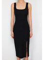 Trendyol Black Fitted/Body-Sitting Slit Square Collar Flexible Knitted Midi Dress