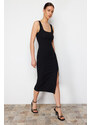 Trendyol Black Fitted/Body-Sitting Slit Square Collar Flexible Knitted Midi Dress