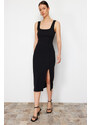 Trendyol Black Fitted/Body-Sitting Slit Square Collar Flexible Knitted Midi Dress