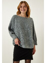 Happiness İstanbul Women's Gray Boat Neck Seasonal Oversize Knitwear Sweater