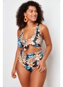 Trendyol Curve Blue Tropical Patterned Swimsuit with Tie Detail and Slimming Effect