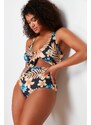 Trendyol Curve Blue Tropical Patterned Swimsuit with Tie Detail and Slimming Effect