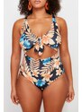 Trendyol Curve Blue Tropical Patterned Swimsuit with Tie Detail and Slimming Effect