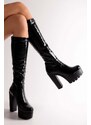 Shoeberry Women's Stuntin Black Crease Patent Leather Platform Heels Black Crease Patent Leather.