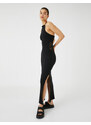 Koton Long Pencil Dress Halter Neck Slit Ribbed Lace Detail at the Waist.