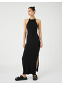 Koton Long Pencil Dress Halter Neck Slit Ribbed Lace Detail at the Waist.