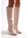 Shoeberry Women's Verda Beige Skin Gathered Heel Boots Beige Skin