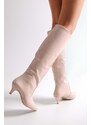Shoeberry Women's Verda Beige Skin Gathered Heel Boots Beige Skin