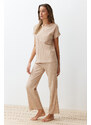 Trendyol Beige Ribbed Collar Detailed Knitted Pajamas Set