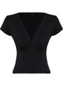 Trendyol Black Deep V-Neck Fitted Short Sleeve Stretchy Knitted Blouse