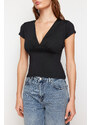 Trendyol Black Deep V-Neck Fitted Short Sleeve Stretchy Knitted Blouse