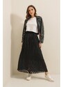 By Saygı Elastic Waist Lined Slim Satin Striped Skirt