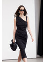 Trendyol Limited Edition Black Body-Fitting Asymmetrical Neck Detailed Woven Midi Dress