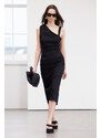 Trendyol Limited Edition Black Body-Fitting Asymmetrical Neck Detailed Woven Midi Dress