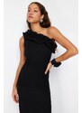 Trendyol Black Lined Woven Flounces Long Evening Dress