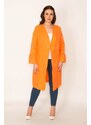 Şans Women's Plus Size Orange Sleeve Detailed Single-Clip Closed Unlined Cape