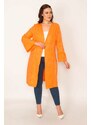 Şans Women's Plus Size Orange Sleeve Detailed Single-Clip Closed Unlined Cape