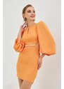Carmen Orange Crepe Stone Balloon Sleeve Short Evening Dress