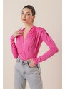 By Saygı Double-breasted Collar Blouse with Pleats and Snap Snap Off the Shoulder Pink