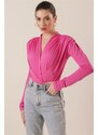 By Saygı Double-breasted Collar Blouse with Pleats and Snap Snap Off the Shoulder Pink