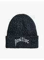 Koton Basic Knit Beanie Hat with Slogan Embroidered Fold Detail.