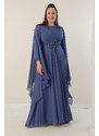 By Saygı Beading Embroidered Shoulders And Waist Pleated Long B.B Chiffon Dress