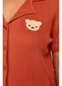 Trendyol Curve Cinnamon Embroidered Shirt Collar Knitted Pajamas Set