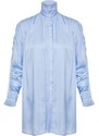 Trendyol Blue Silvery Striped Sleeve Gathered Woven Shirt