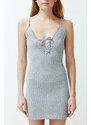 Trendyol Gray Melange Lace and Tie Detail Ribbed Cotton Knitted Nightshirt