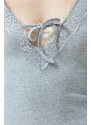 Trendyol Gray Melange Lace and Tie Detail Ribbed Cotton Knitted Nightshirt