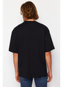 Trendyol Black Oversize/Wide Fit Text Applique Embroidered 100% Cotton Short Sleeve T-Shirt